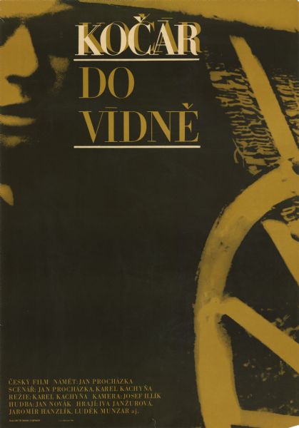 Czechoslovakian film poster. Black and mustard yellow image of a carriage wheel in the bottom right corner and part of a face in the top left corner.