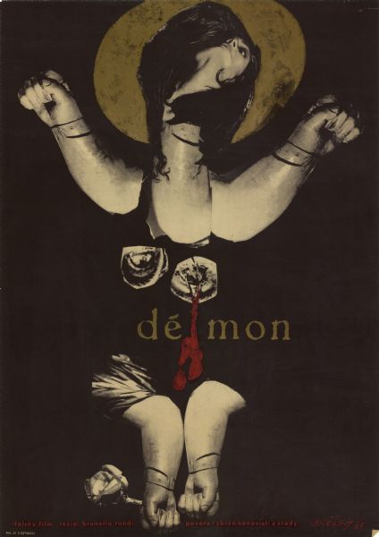 Czechoslovakian film poster for the Italian film "Il demonio." Collage image of a woman's head with doll-like body parts and illustrated blood dripping from the right breast.