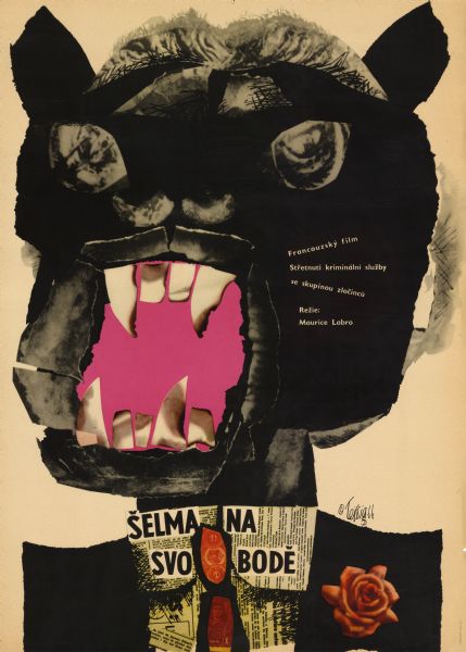 Czechoslovakian film poster for the French film "Le fauve est lâché." Collage image of a black tiger with its mouth open. The tiger wears a tie and has a flower pinned to its jacket.