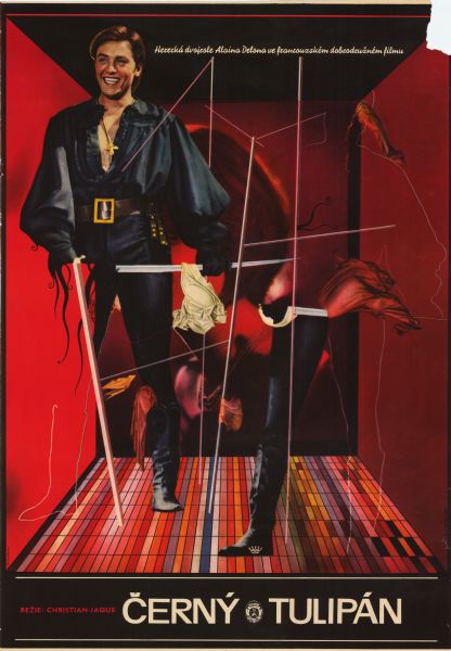 Czechoslovakian film poster for the French film "La tulipe noire." Collage image of a swashbuckler dressed in black and holding a sword while standing in a room with red walls and a multicolored floor. One of his legs is cut off and pasted next to him.