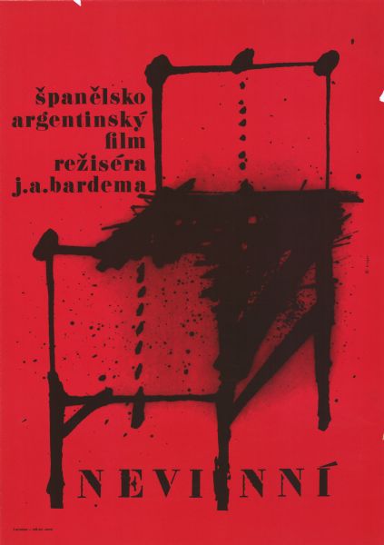 Czechoslovakian film poster for the Spanish-Argentine film "Los inocentes." Abstract, illustrated image of a bed with a headboard against a red background.