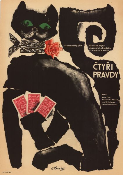 Czechoslovakian film poster for the French film "Les quatres vérités." Collage image of a black cat with green eyes. The cat is wearing a lace collar with a flower and is holding three playing cards.