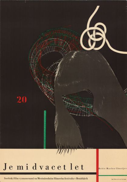 Czechoslovakian film poster for the Soviet film "Mne dvadtsat let." Collage consisting of a photographic image of long hair with bangs pasted on top of illustrated lines in red, green, and white.