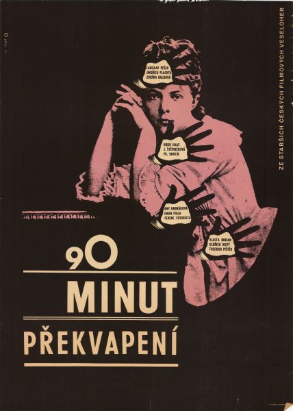 Czechoslovakian film poster. Pink image of a woman resting her head on her hands. Four black silhouette hands cover different parts of her body and feature the names of people involved in the film.