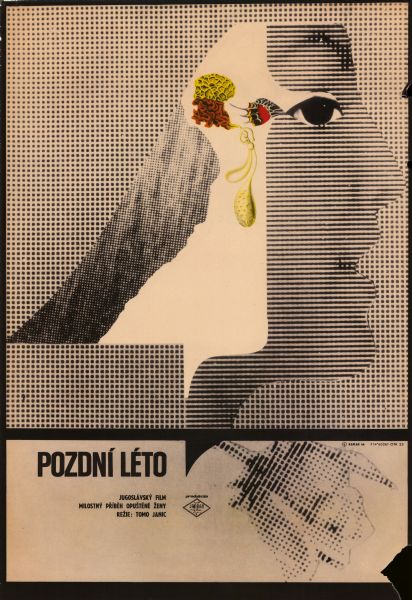 Czechoslovakian film poster for the Yugoslavian film "Rana jesen." Abstract image of the profile of a woman's face in black and white, except for select parts highlighted in yellow, orange, and red.