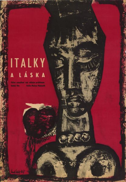 Czechoslovakian film poster for the Italian film "La donna più bella del mondo.. Illustrated image of a woman from her chest and up with her eyes closed and her hair up. A red heart floats next to her neck.