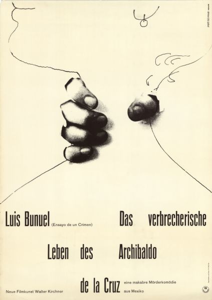 German poster for the Mexican film "Ensayo de un Crimen." Close-up photographic image of a hand gripping the illustration of a woman's neck against a white background.