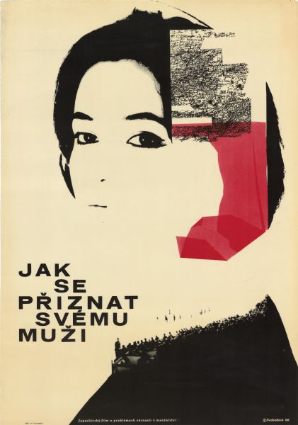 Czechoslovakian film poster for the Yugoslavian film, "Pravo stanje stvari." A woman from the shoulders up with some of her face unseen. What looks like her collar is actually formed by a crowd of people.