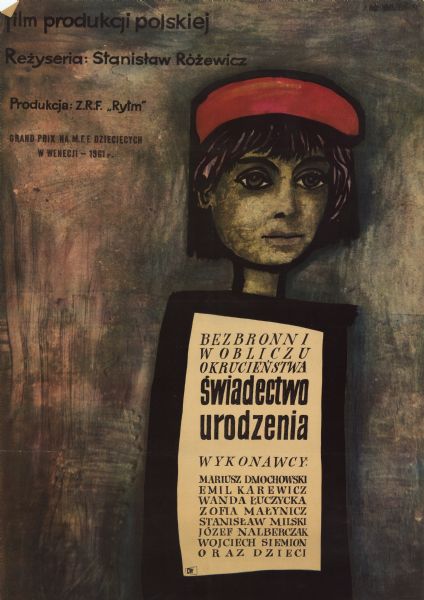 Polish film poster. A young girl seen only from the neck up, with a chin-length haircut and wearing a red hat. A block of text covers where her body would be.