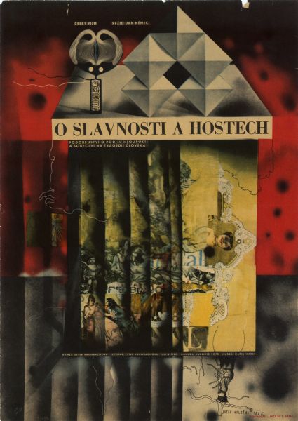 Czechoslovakian film poster. Abstract collage image of various small figures in different poses against background consisting of yellow, red, and black colors.