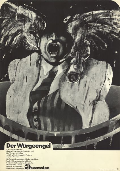 German film poster for the Mexican film, "El ángel exterminador." Illustrated image of a man with a pained expression on his face and seemingly no arms. Wings appear to be poking out from behind his head.