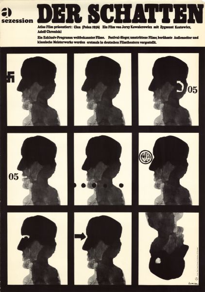 German film poster for the Polish film, "Cien." Nine panels each containing a silhouette profile, with the last one flipped upside down. Several symbols and numbers are placed in some of the panels.