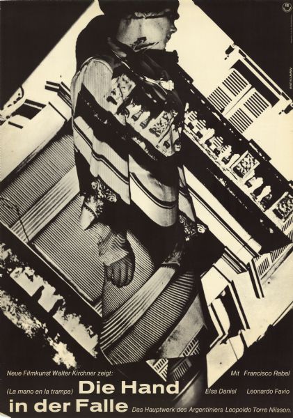 German film poster for the Argentine film, "La mano en la trampa." Black and white photographic image of a woman standing and wearing a dress with the rotated image of a building projected on top of her.