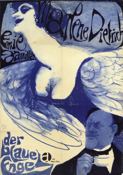 German film poster for the re-release of the film, "Der blaue Engel." Illustrated image in shades of blue of a woman with wings coming from her sides. Below her is a man wearing eyeglasses and holding a tea cup.