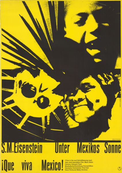 German film poster for the American film, "Time in the Sun." Image of two faces on the right side and a skull on the left side. Black with a yellow background.