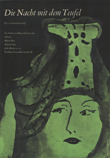 German film poster for the French film, "Les visiteurs du soir." Illustrated image of a woman's head wearing a tall hat.