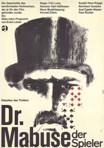 German film poster for the re-release of the film. Illustrated image of the face of a man with a moustache wearing a top hat. Several numbered playing cards lay face up over his right cheek.
