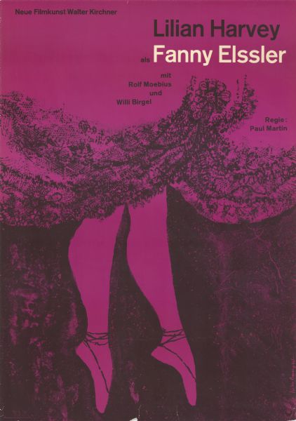 German film poster for the re-release of the film. Illustrated image of ballerina legs, with the feet extended from a large gown, in pointe technique.