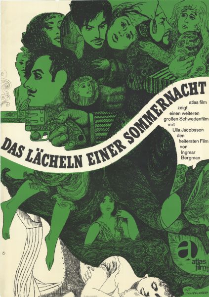 German film poster for the Swedish film, "Sommarnattens leende." Multiple illustrated faces of men and women are arranged throughout, and a hand holding a gun is over the title of the film.
