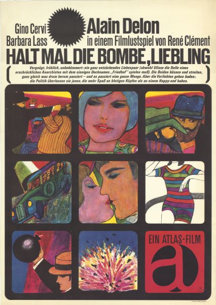 German film poster for the French-Italian Film, "Che gioia vivere." Nine illustrated, square panels filled with different scenes. One shows two men fighting, a few show different face close-ups, another shows several people in a vehicle, and another shows the torso and upper legs of a woman. The two of the last panels feature a man throwing a bomb and an explosion.