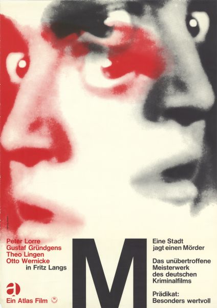 German film poster for the re-release of the film. Large close-up of a man's face printed twice, one in red, one in black, with each face looking in the opposite direction.