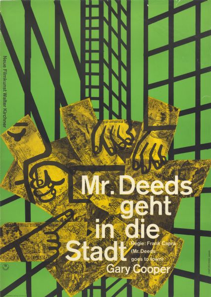 German film poster for re-release of the American film. Illustrated hands reach out over a pile of $100 bills. In the background are black lines in grid formation.