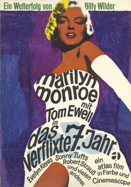 German film poster for re-release of the American film. Image of Marilyn Monroe in a white dress, with her name, the title and other cast members names on it. Behind her is a multicolored background.