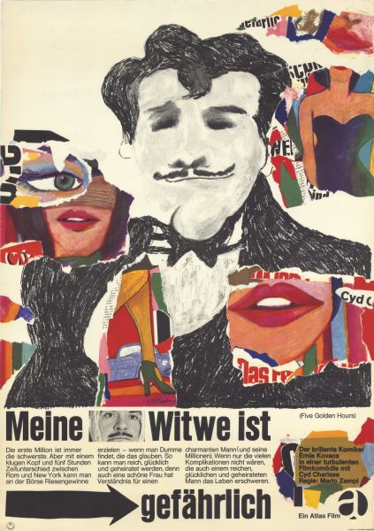 German film poster for the Italian-British film. Illustrated black and white image of a man with a moustache wearing a bow tie. He is surrounded by portions of colorful images of women, showcasing different body parts, such as a leg, lips, and an eye. Between the title is a close-up, photographic image of a man's face.