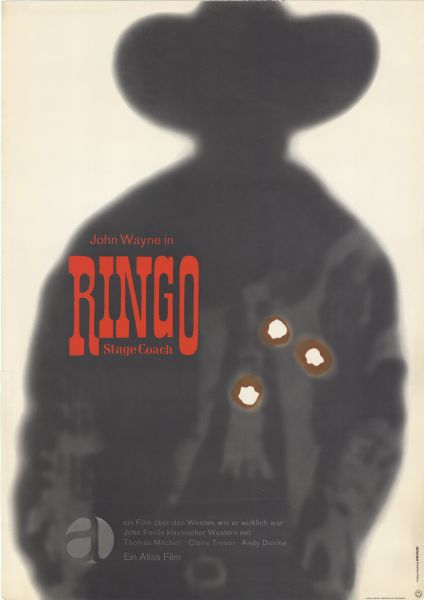 German film poster for the re-release of the American film. Blurry, silhouette image of a man wearing a cowboy hat with three bullet holes piercing his torso.