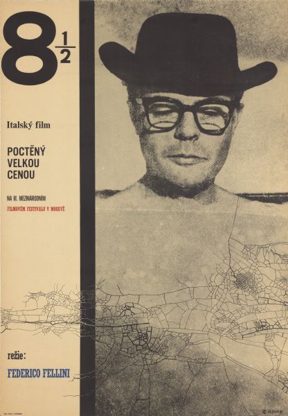 Czechoslovakian film poster for the Italian film. Photographic image of a man wearing glasses and a hat. Below him are a series of small cracks all along the bottom third of the poster.