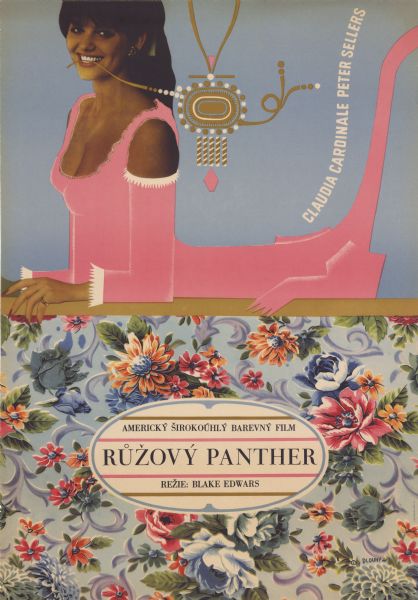 Czechoslovakian film poster for the American film. Photographic image of a smiling woman with an illustrated pink outfit in the form of a sphinx. She holds the length of a pendant in her teeth which is suspended from the top of the poster. The title is displayed below her in an oval against a floral background.