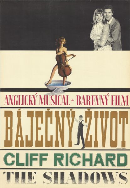 Czechoslovakian film poster for the British film. At top right is a photographic waist-up image of a man hugging a woman from behind. Below them in the center is a naked woman holding a cello in front of herself while standing in a large basin filled with water and a sheet of music on the floor in front of her. Below her, in the middle of the title, is a photographic image of a man standing with his arms spread out.