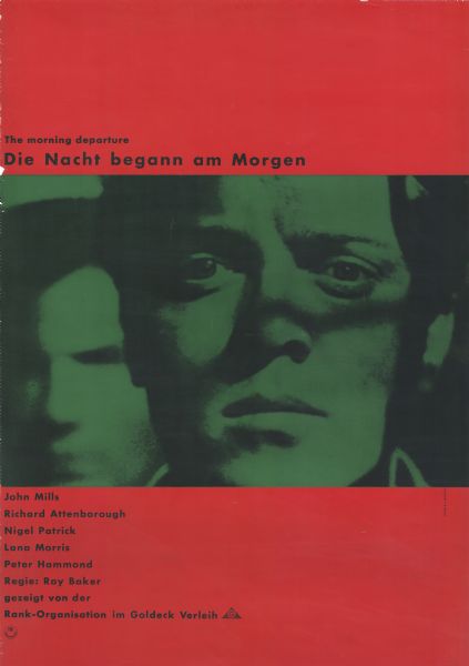 German film poster for the re-release of the British film. Close-up image colored in green of a man's face and another man behind him.