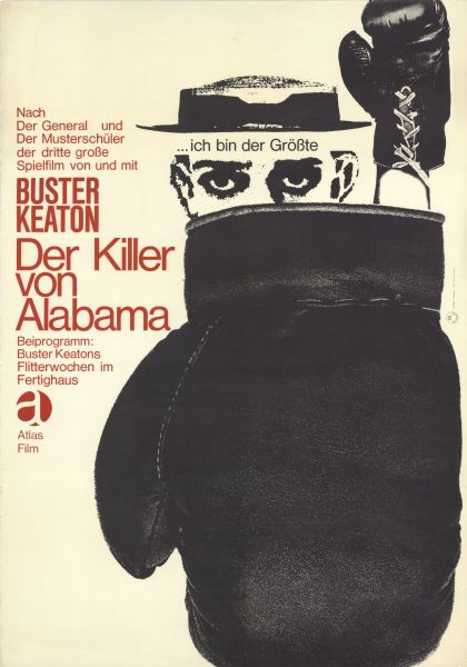 German film poster for the re-release of the American film. Large image of a boxing glove, with the top of Buster Keaton's head wearing a hat and his gloved hand and part of his arm sticking out from the top of the glove opening.