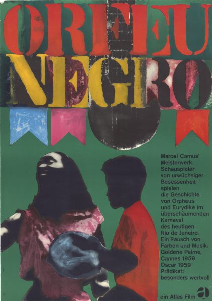 German film poster for the French-Brazilian film, "Orfeu Negro." Two figures from the waist-up, one wearing pink and one wearing red, standing and facing off to the side. The figure wearing red holds a blue object in his hands. Behind the title is the illustrated image of a guitar.
