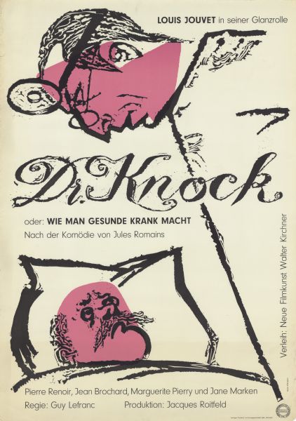 German film poster for the French film. Illustrated image of a male doctor looking over a male patient who is lying in bed.