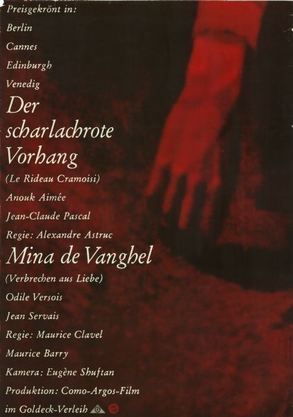 German film poster for the French film, "Les crimes de l'amour." Out-of-focus photographic image of a hand reaching down.