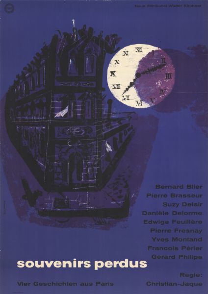 German film poster for the French film. Illustrated image of a clock face partially obscured by a shadow. The clock covers part of the front of a building.
