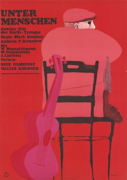 German film poster for re-release of the Russian film, "V lyudyakh." Illustrated image from the back of a man wearing a hat and coat. He is sitting with his feet up in a chair and looking to his right. A guitar rests against the back of the chair.