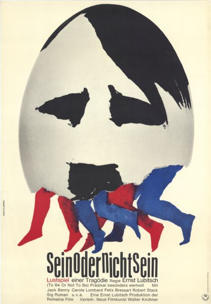 German film poster for the re-release of the American film. Abstract image of Adolf Hitler's face illustrated on half a broken egg shell shape, with four sets of legs, in blue and red, are running underneath.