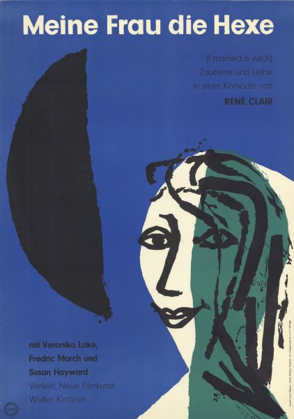 German film poster for the American film. Illustrated image of a smiling woman from the neck up, with a black half-moon shape next to her on the left.