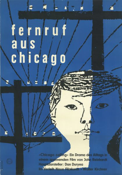 German film poster for the American film. Illustrated image of a man's face. Behind him are telephone poles and lines against a blue background.