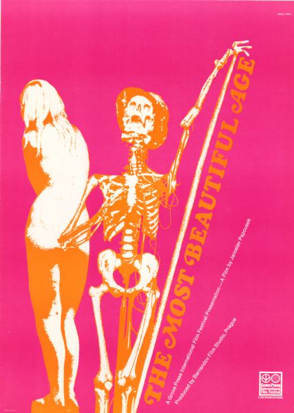 Grove Press International Film Festival film poster for the Czechoslovakian film, "Nejkrásnejsí vek." Illustrated image of the back of a naked woman standing behind a human skeleton wearing a hat.