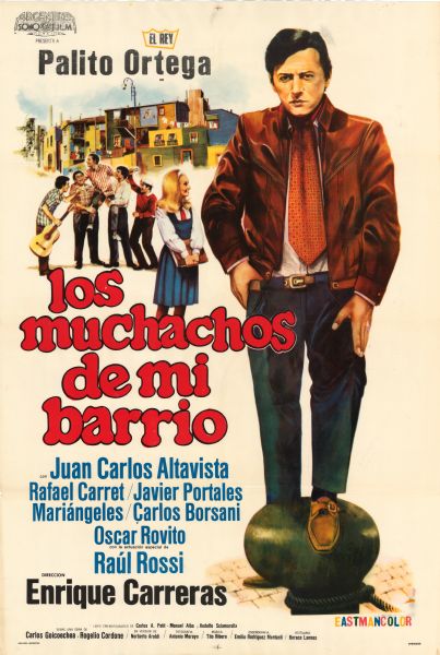 Argentine film poster. Illustrated image of a man standing with one foot raised and resting on a post. Behind him a young woman stands holding a book, and behind her a group of boys, one holding a guitar, are gathered in front of colorful buildings.