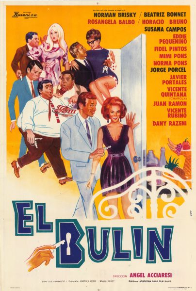 Argentine film poster. Illustrated image of several people, including three couples, about to walk through a door. On the other side of the door are drinks and fruit. Three of the men are holding keys. Two men in the center are carrying and eating various cured meats. The "B" in the title is stylized as a keyhole with a hand putting a key in it.