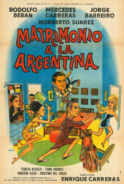 Argentine film poster. Illustrated image of a woman chasing a man in a bedroom while another woman runs out a door. Three people watch, one from a closet, and two from a doorway. Another man is hanging from the chandelier above the bed.