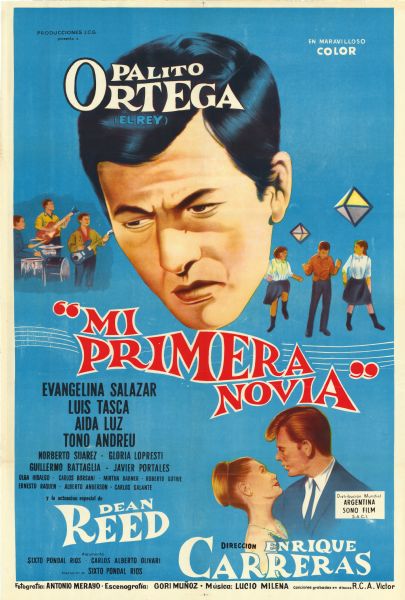Argentine film poster. Large, illustrated image of a man's head floating at the top with other smaller figures surrounding him. A band is playing on the left, and people dance on the right. Below a woman and a man stand close looking at each other.