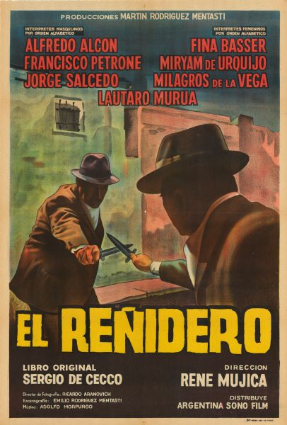 Argentine film poster. Illustrated image of two men fighting in the street with knives. They are both wearing hats and suits.