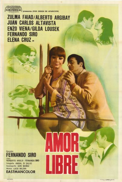 Argentine film poster. Photographic image of a man standing behind a woman who is sitting on a carousel horse. His hand is resting on her shoulder. Around them are three images of other couples either embracing or looking at each other.