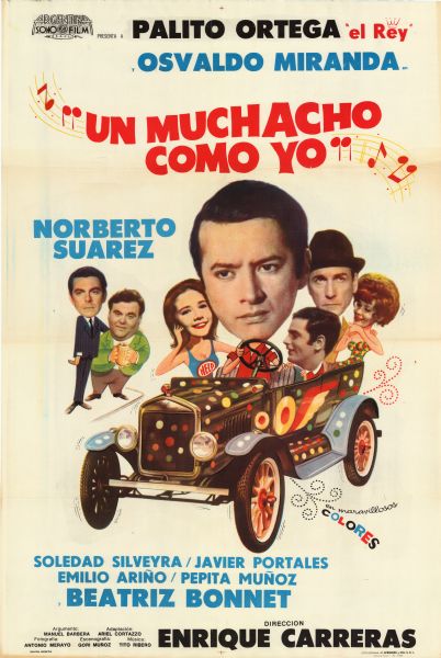 Argentine film poster. Partially photographic and partially illustrated image of a man driving an older model car, with two other men and two women riding as passengers. Two men stand off to the side on the sidewalk.